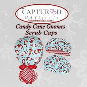 Womens Ponytail Scrub Cap Christmas Candy Cane Gnomes *Handmade